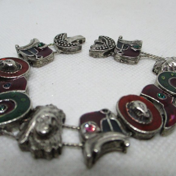 Western Slide Bracelet Rhinestone Enamel Charm Silver Tone Bracelet - Picture 6 of 9